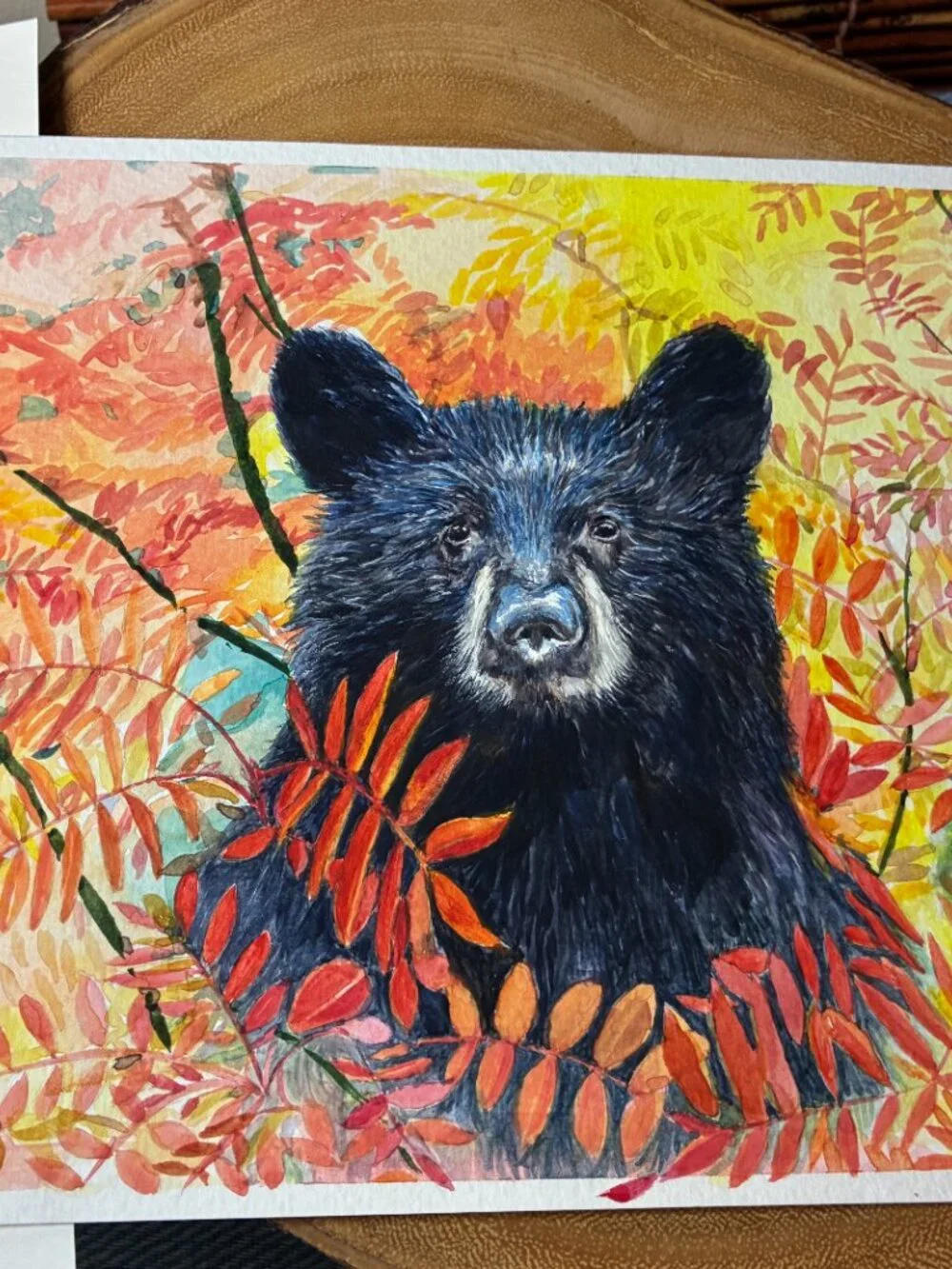Original Watercolor - Black Bear in Fall Foliage